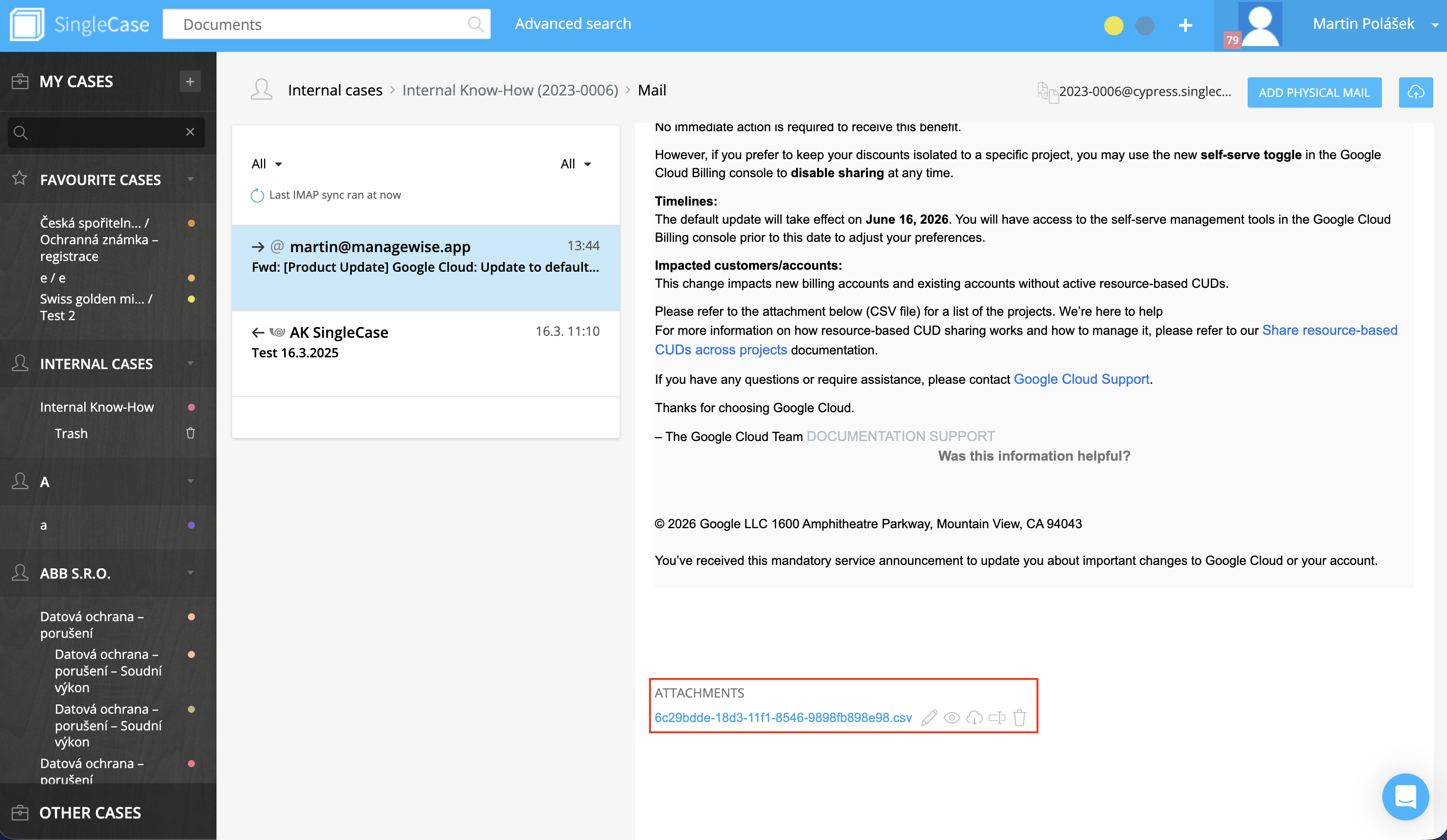 Filed email visible inside the Case Mailbox in SingleCase